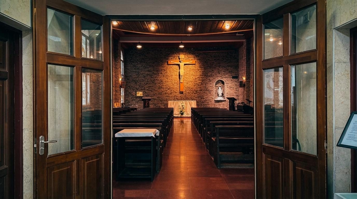 Looking through the doors toward the altar and crucifix
